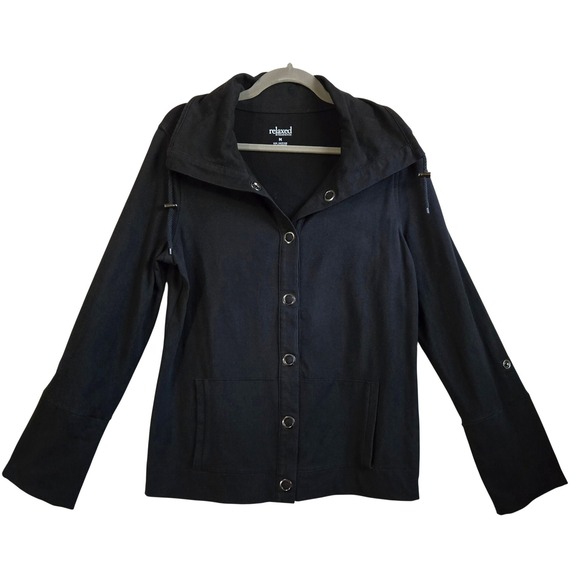 Charter Club Jackets & Blazers - Charter Club Relaxed Black Funnel Neck Snap Front Jacket Tab Sleeve Womens M
